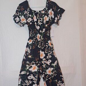 Kindred‎ Anthropologie Jumpsuit Size Medium Black Floral Smocked Wide Leg NEW